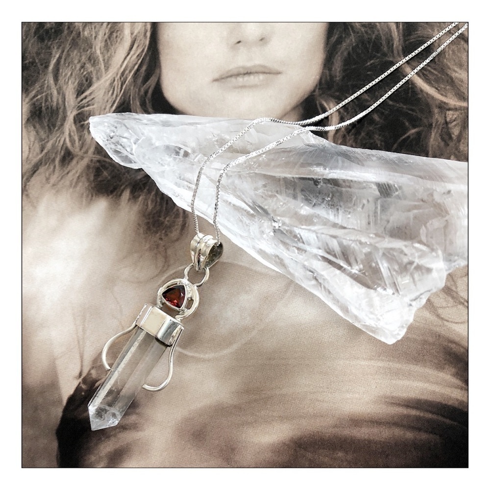 STERLING Silver Quartz Crystal & Garnet Healing Necklace